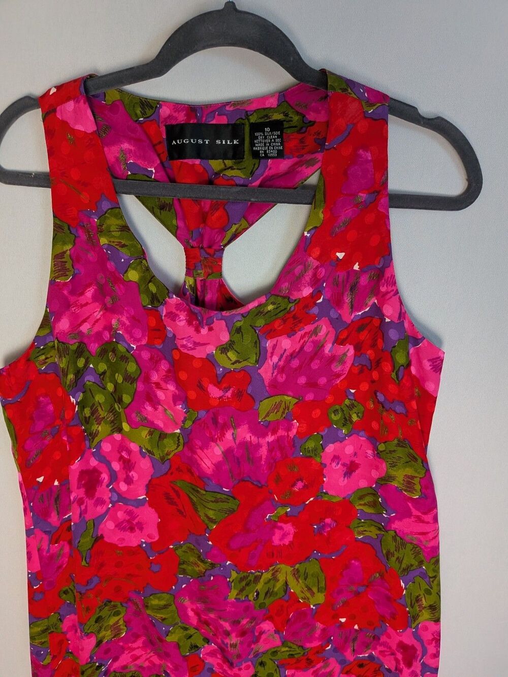 August Silk Dress Pink Green Floral 100% Silk Scoop Neck Racer Back Tank Sz 10 - Picture 2 of 13